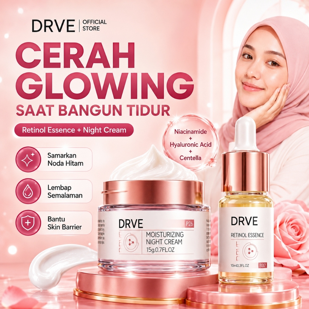 DRVE Paket Skincare Malam 2in1 Retinol Essence 10ml dan Night Cream 15g Niacinamide Ceramide BPOM